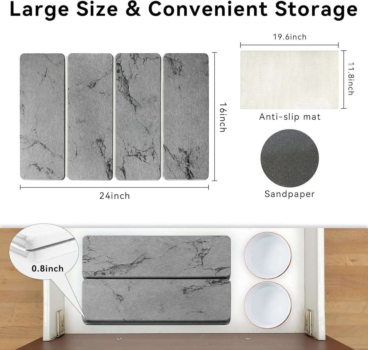 Large Stone Dish Drying Mat, Foldable Stone Drying Mat, 24" x 16" Diatomaceous Earth Drying Mat for Kitchen Counter, Super Absorbent Fast Dry Mat, Drying Board Diatomaceous for Kitchen, Marble Gray