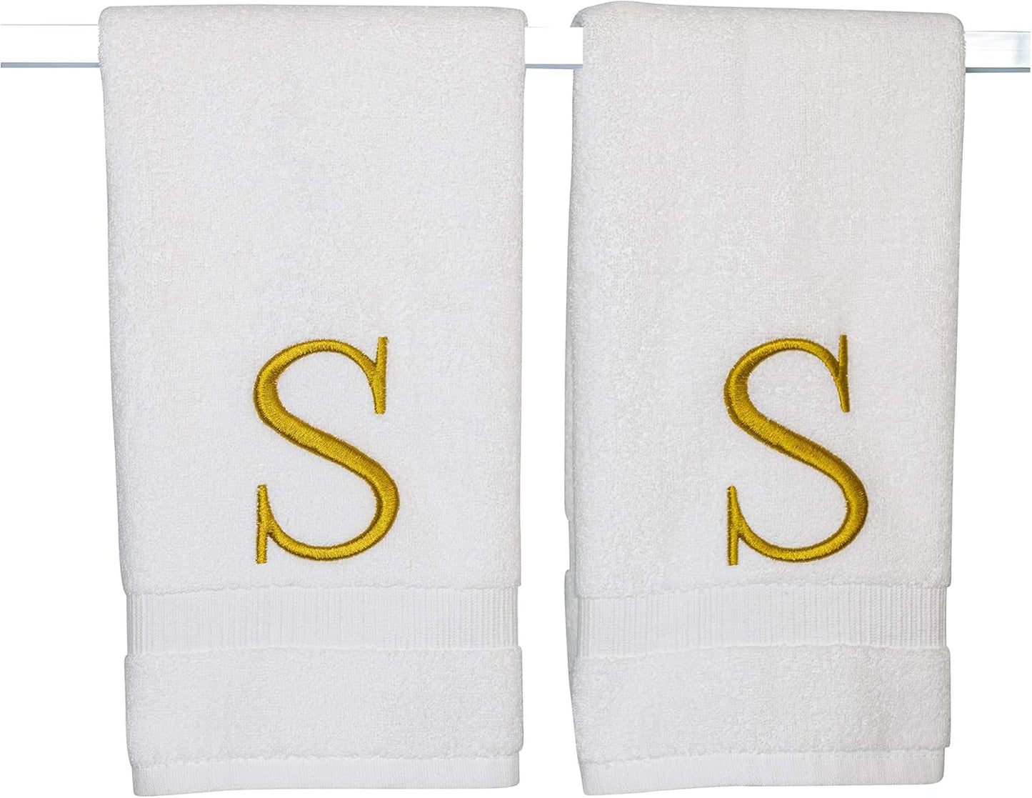 Monogrammed Hand Towels for Bathroom - Luxury Hotel Quality Personalized Initial Decorative Embroidered Bath Towel for Powder Room, Spa - GOTS Organic Certified - Set of 2 Gold Letter S
