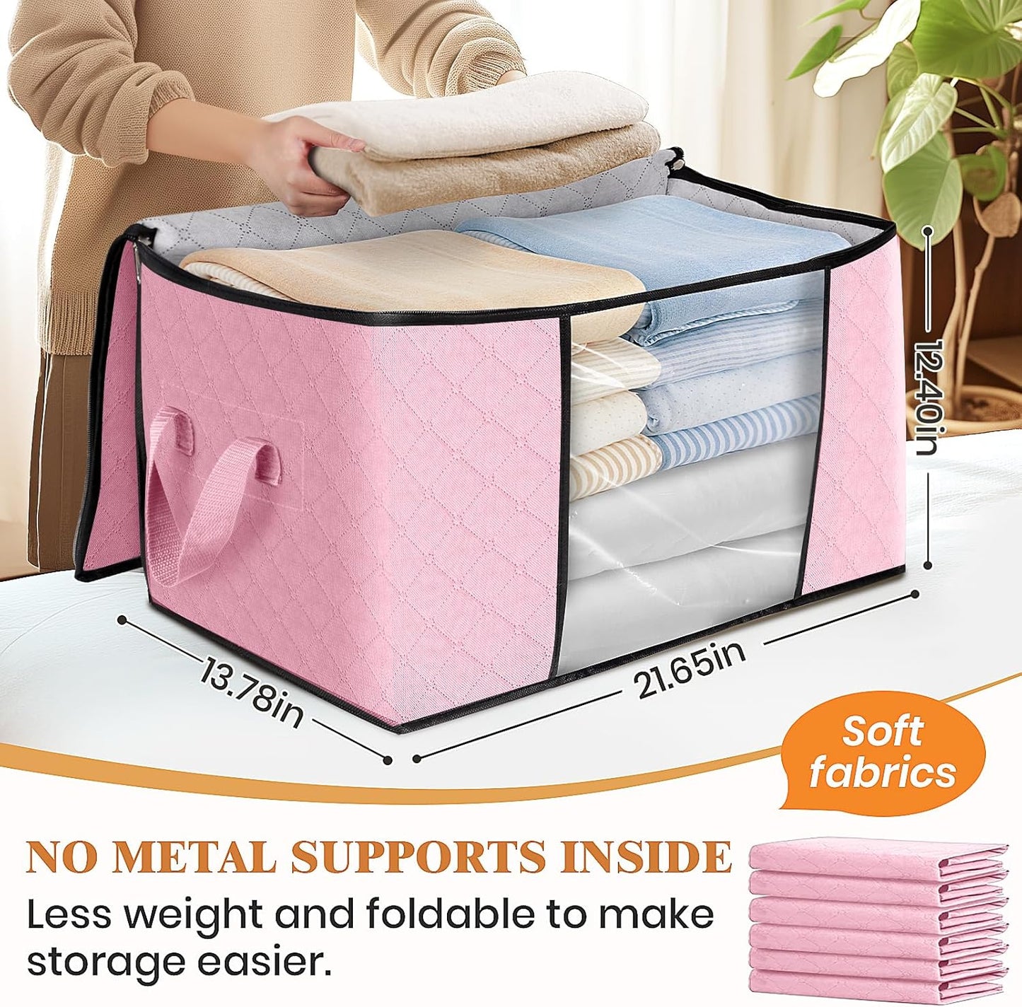 Fab totes 10 Pack Clothes Storage, Foldable Thick Fabric Blanket Storage Bags, Containers for Organizing Bedroom, Closet, Clothing, Comforter, Organization with Handle,Pink