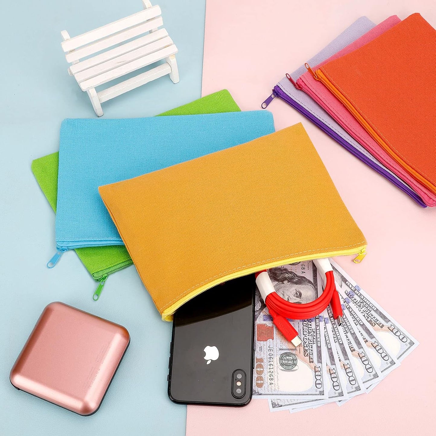 12 Pieces Cotton Canvas Makeup Bag, Multipurpose Cosmetic Bag with Zipper Travel Toiletry Pouch, Blank DIY Craft Bag (Multicolored B, S)