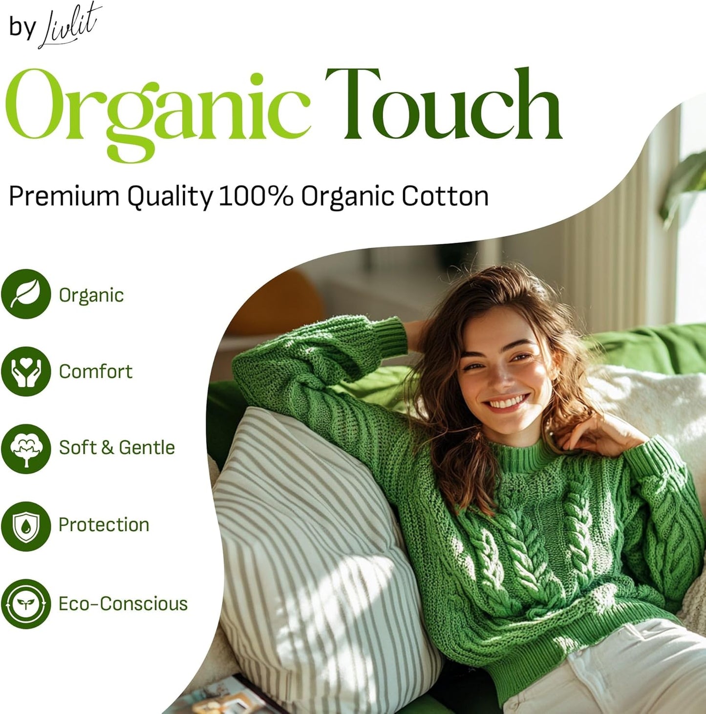 Livlit Regular Size Ultra Thin Sanitary Pads, 100% Organic Cotton from Texas, Powerful Leak Protection, Unscented, Chlorine Free and Absorbency of Feminine Periods, Pads for Women (14 Count)