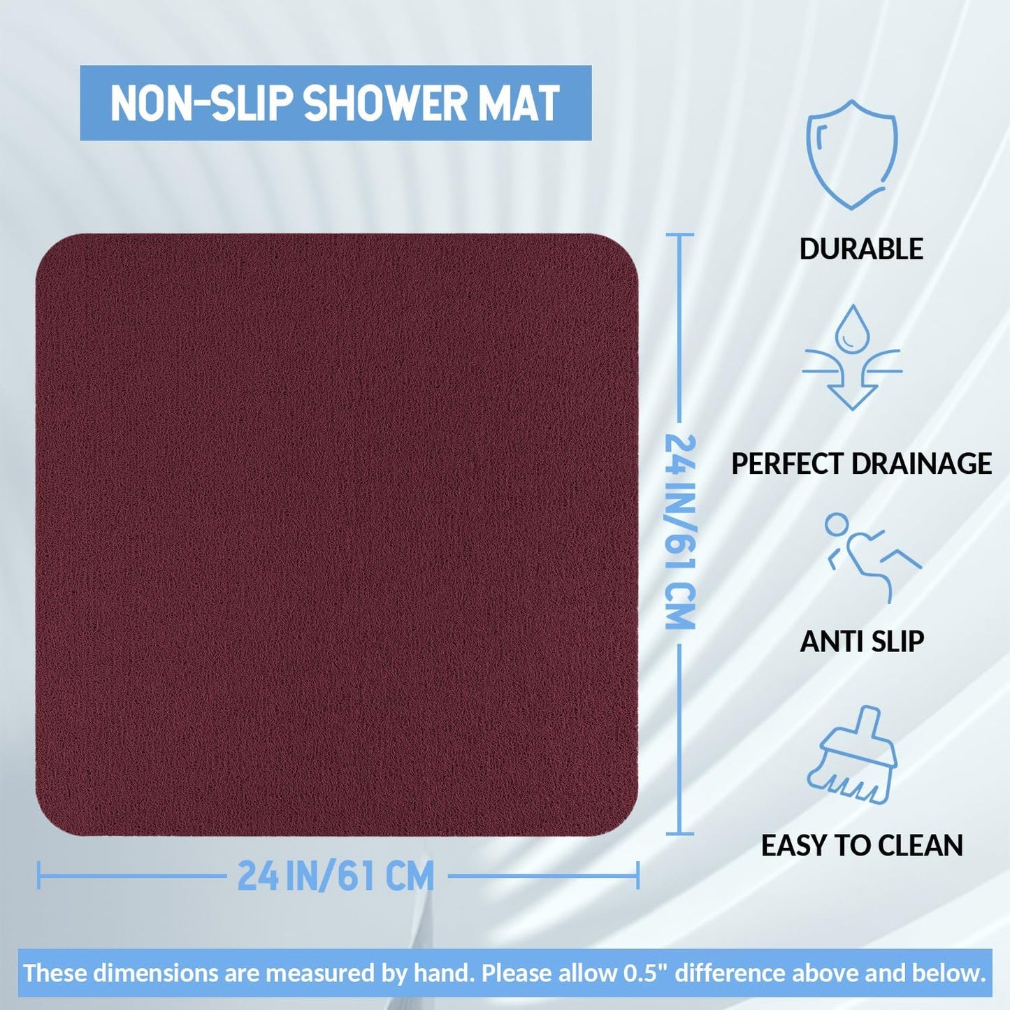 Non-Slip Bathtub Mat, Anti Slip Shower Mat, Fast Drying Bathtub Mats, Foot Scrubber Mat, Anti Slip Mat for Tub, Floor, Bathroom, Kitchen, Home, Hotel (Wine Red 24"×24")