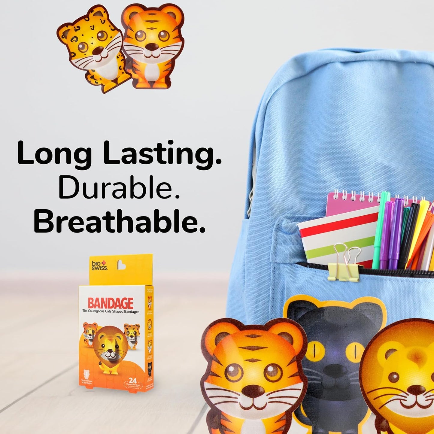 BioSwiss Kids Bandages, Courageous Cats Shaped Self Adhesive Bandage Set, Latex Free, Sterile Wound Care, 24 Count