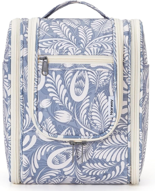 Narwey Small Hanging Toiletry Bag Women Travel Makeup Bag Organizer Toiletries Bag for Travel Size Essentials Accessories Cosmetics (Medium, Blue Leaf)