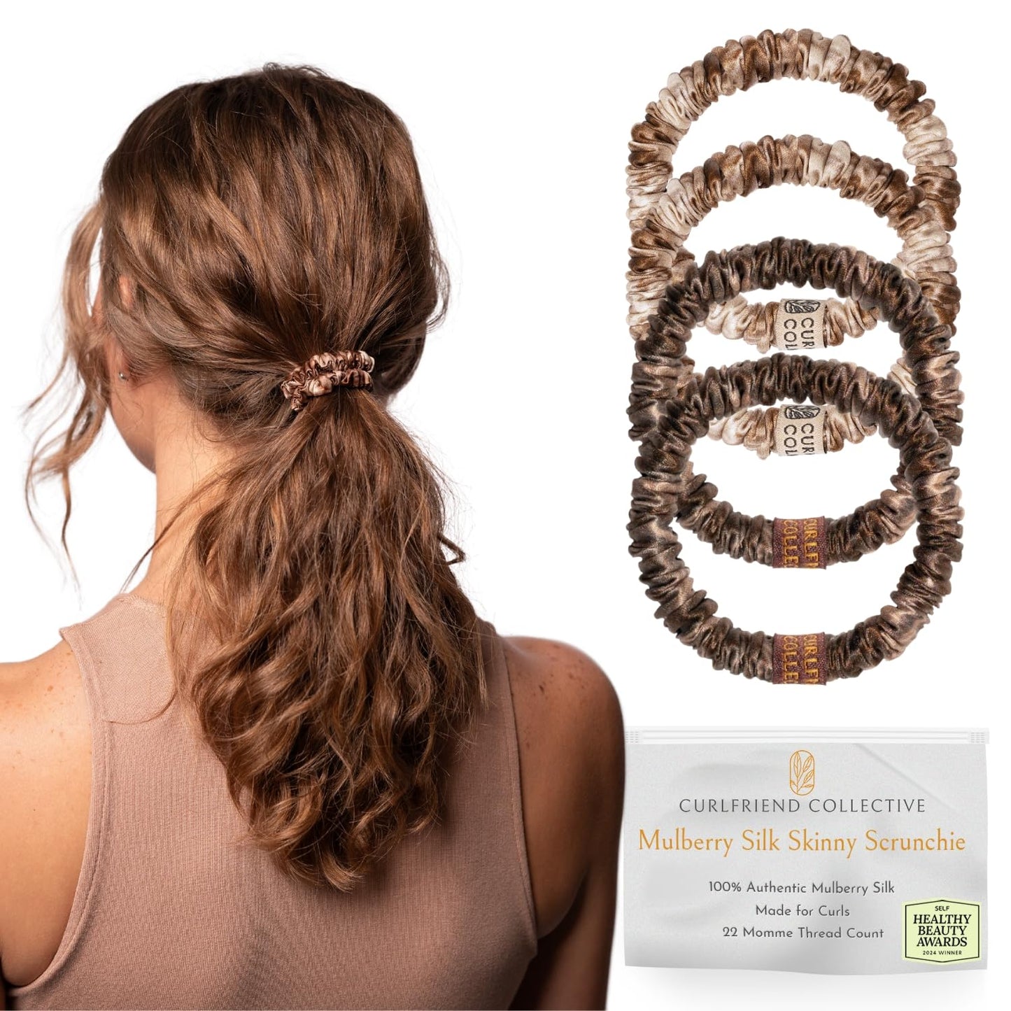 Authentic Mulberry Silk Skinny Hair Match Scrunchies for Women, Anti Breakage Hair Ties for Curly Thick & Thin Hair, 100% Silk for Buns, Sleep & Ponytail, Honey/Deep Bronde (4 Pack)