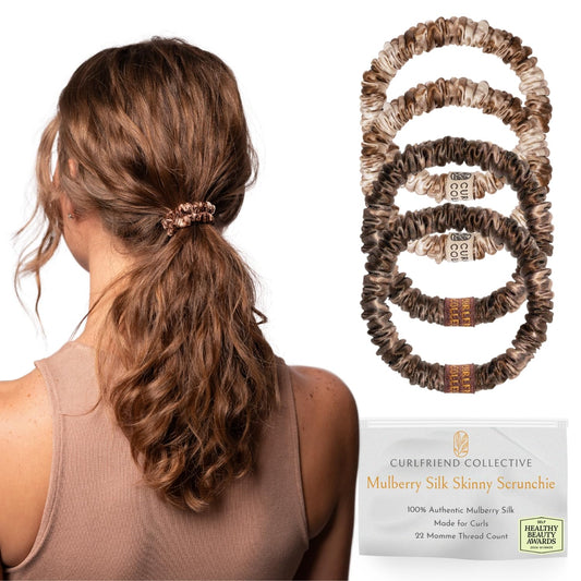 Authentic Mulberry Silk Skinny Hair Match Scrunchies for Women, Anti Breakage Hair Ties for Curly Thick & Thin Hair, 100% Silk for Buns, Sleep & Ponytail, Honey/Deep Bronde (4 Pack)