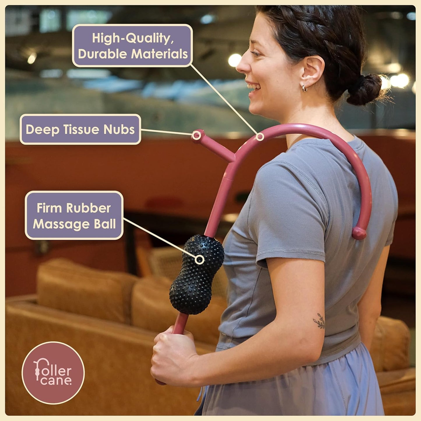 Roller Cane Massager | 2-in-1 Massage Roller Stick & Trigger Point Cane | Rubber Ball for Deep Tissue, Myofascial Release & Muscle Recovery (Red)