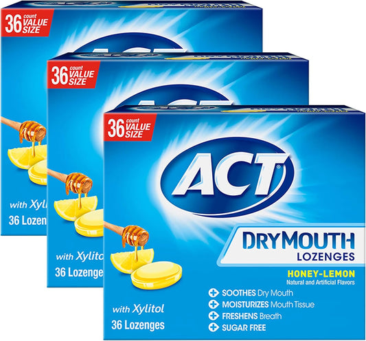 ACT Dry Mouth Lozenges With Xylitol, 36-Count, Sugar Free Honey-Lemon (Pack of 3)