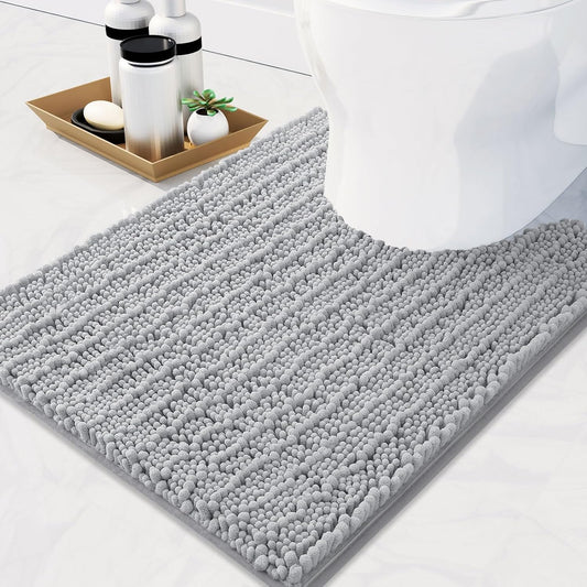 Arotive Luxury Chenille Toilet Rugs U-Shaped, Extra Soft Thick Absorbent Bathroom Mat, Non-Slip Shaggy Plush Contour Rugs, Machine Wash Dry Bath Mat for Toilet Base, 24x20, Light Grey