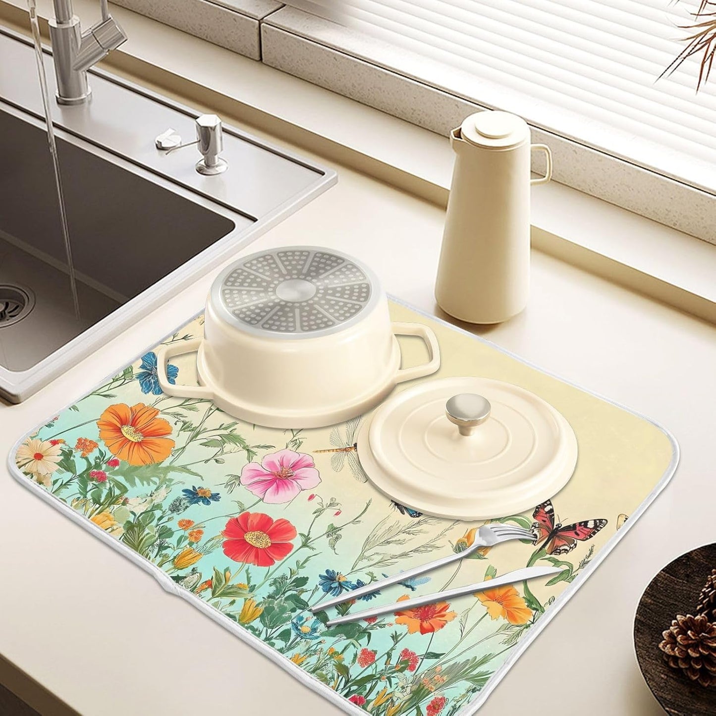Dragonfly Butterfly Tulip Flower Dish Drying Mats for Kitchen Counter, 18x24 inch Drying Dishes Absorbent Microfiber Dish Drainer Mat Rack Pad Fast Dry