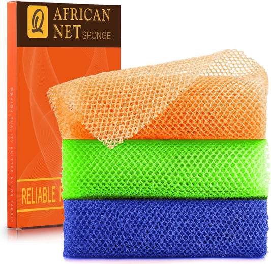 UJFQBH 3 Pieces African Bath Sponge African Net Long Net Bath Sponge Exfoliating Shower Body Scrubber Back Scrubber Skin Smoother,Great for Daily Use (Orange、Blue、Green)
