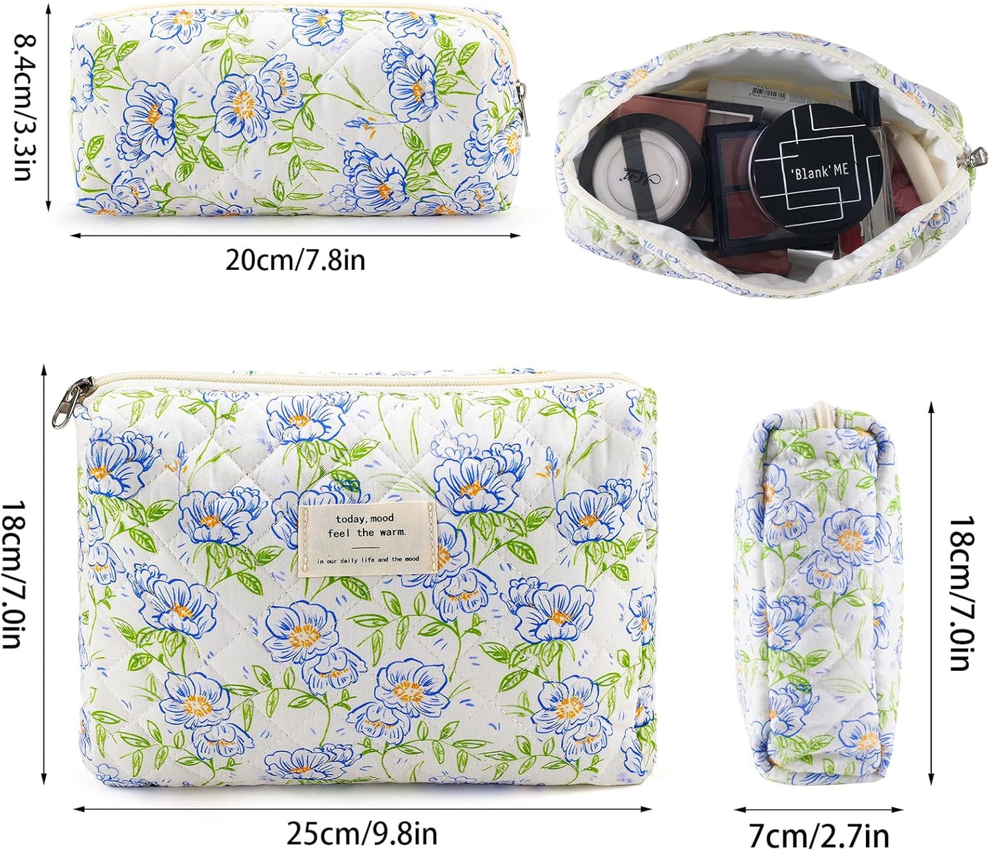 Quilted Cotton Cosmetic Bag 2Pcs Coquette Makeup Bag Travel Makeup Bag for Women Large Makeup Pouch Aesthetic Floral Cosmetic Pouch Toiletry Bag for Women Gift for Lover Daughter Sister Mom
