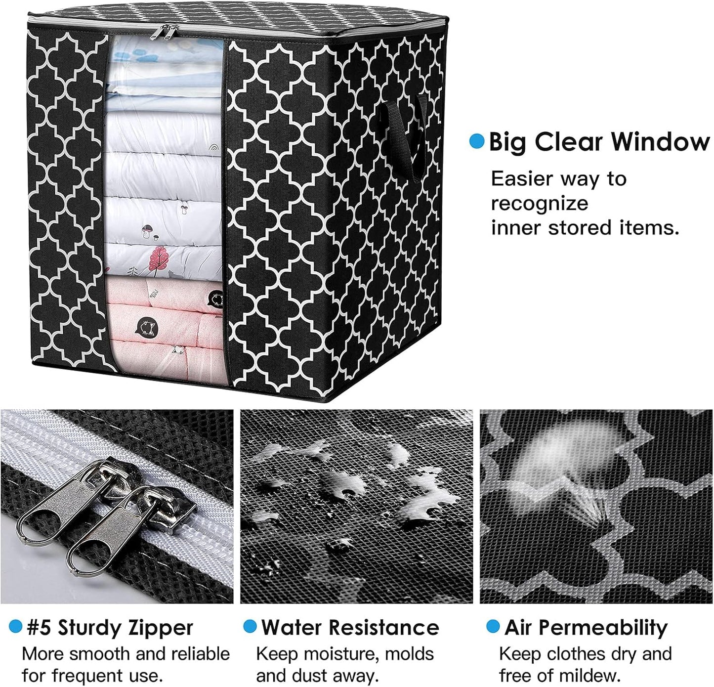 WISELIFE Storage Bags [3 Pack/100L] Large Blanket Clothes Organization and Storage Containers for Comforters,Bedding, Foldable Organizer with Reinforced Handle, Clear Window, Sturdy Zippers,Black