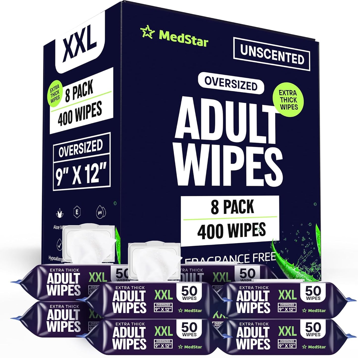 Adult Wipes Extra Large - Thicker Disposable Washcloths for Elderly Care & Shower Alternative - Fragrance-Free with Flip-To (8 Pack XXL)