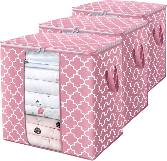 WISELIFE Storage Bags 3 Pack/100L Large Blanket Clothes Organization and Storage Containers for Comforters,Bedding, Foldable Organizer with Reinforced Handle, Clear Window, Sturdy Zippers,Pink