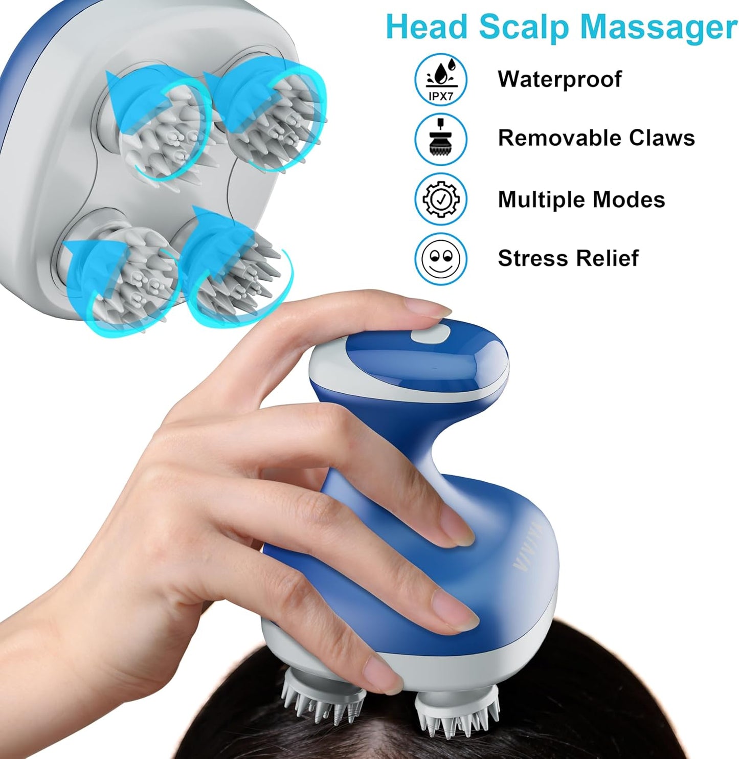 Electric Scalp Massager, Portable Rechargeable Head Massager with 8 Removable Massage Claws, Waterproof Handheld Hair Scalp Scratcher for Full-Body Massage and Stress Relax