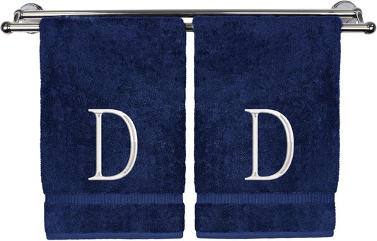 Monogrammed Hand Towel, Personalized Initial Gift, Extra Absorbent 100% Turkish Cotton - Soft Terry Finish - Set of 2 - White Block Initial D - Embroidered on Navy Blue Towels