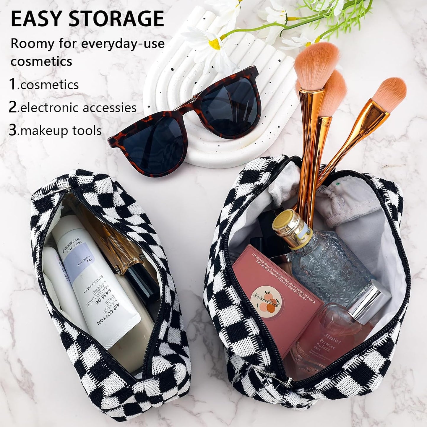 2Pcs Checkered Pencil Case Cute Pencil Pouch for Teens Checkered Makeup Bag Travel Cosmetic Bag Set Cute Makeup Pouch for Purse Portable Zippered Skincare Bags Preppy Toiletry Bags Organizer(Black)