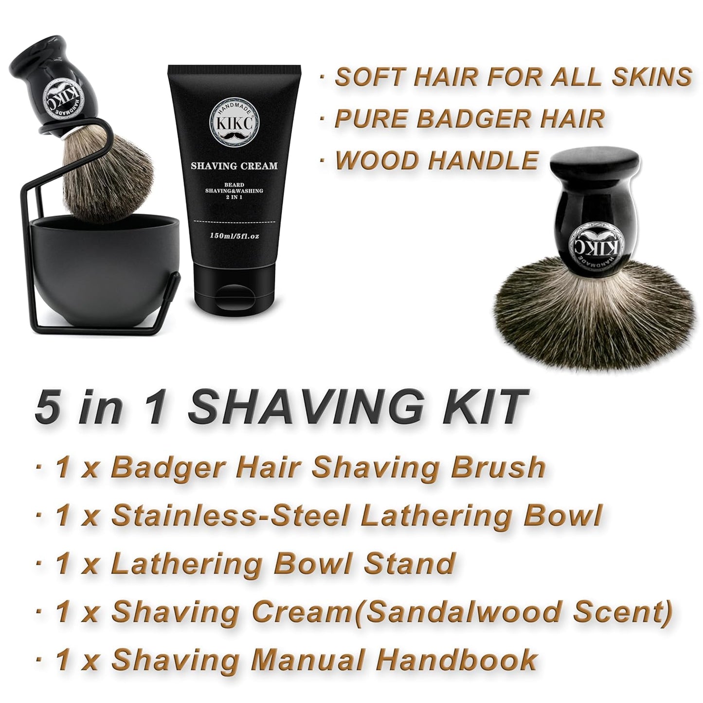 5 in 1 Shaving Kit for Wet Shave, Set Includes Hand Crafted Pure Badger Shave Brush, Stainless Steel Lathering Soap Bowl, Shave Brush Stand, Shaving Cream, Best Gift for Bearded Man, Deluxe Black
