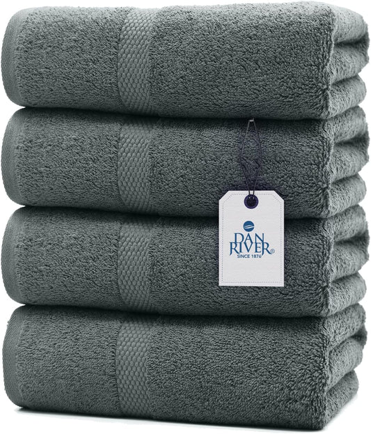 DAN RIVER Bath Towels Set of 4, 27 x 54 Inches, 100% Cotton, Larger & Lighter Weight, Quicker to Dry, Super Soft and Absorbent, Ideal Gray Bath Towels for Daily Use