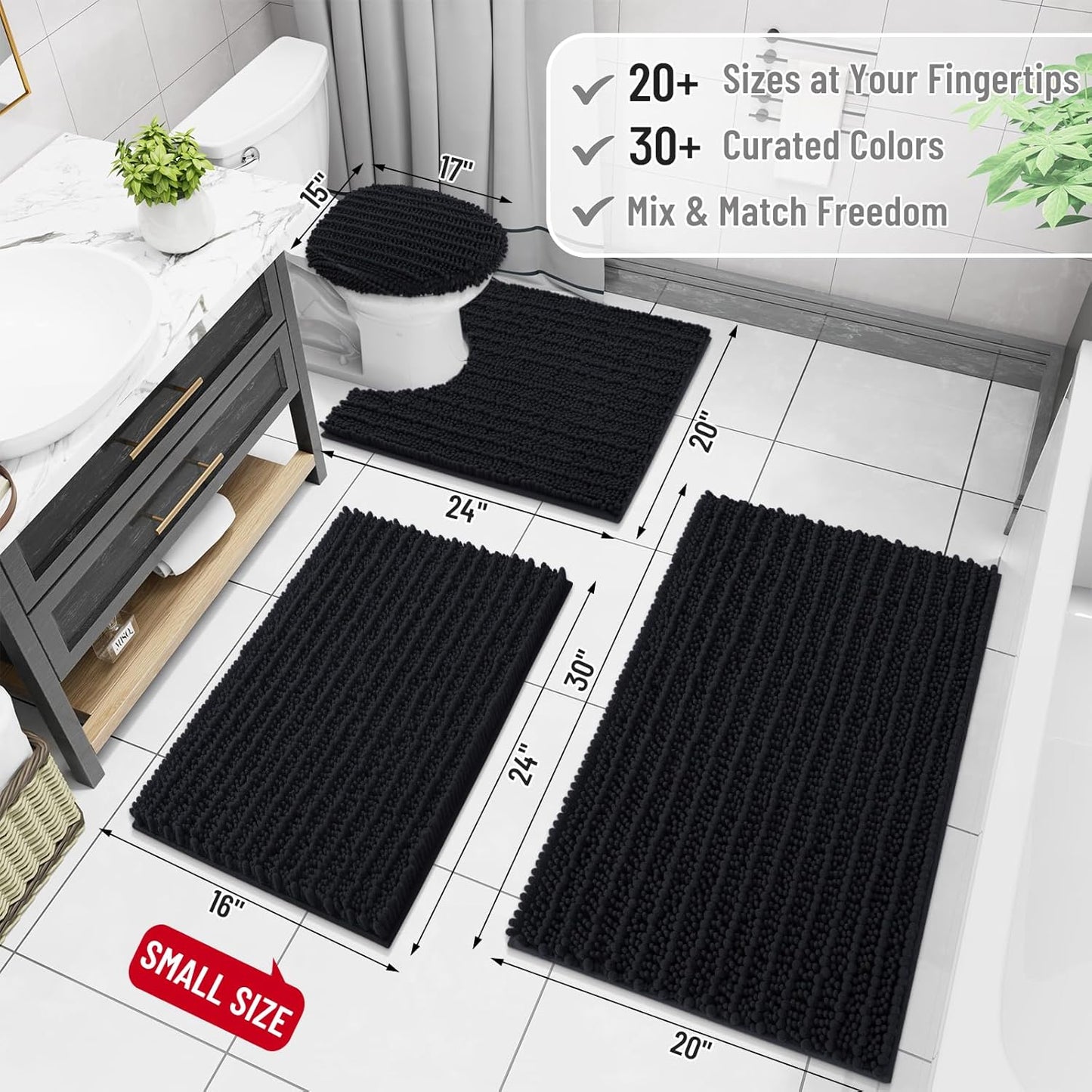 Arotive Luxury Chenille Bathroom Rug Mat, Extra Soft Thick Absorbent Shaggy Bath Rugs, Non-Slip Machine Wash Dry, Plush Bath Mats for Bathroom, Shower and Tub, 24x16, Black