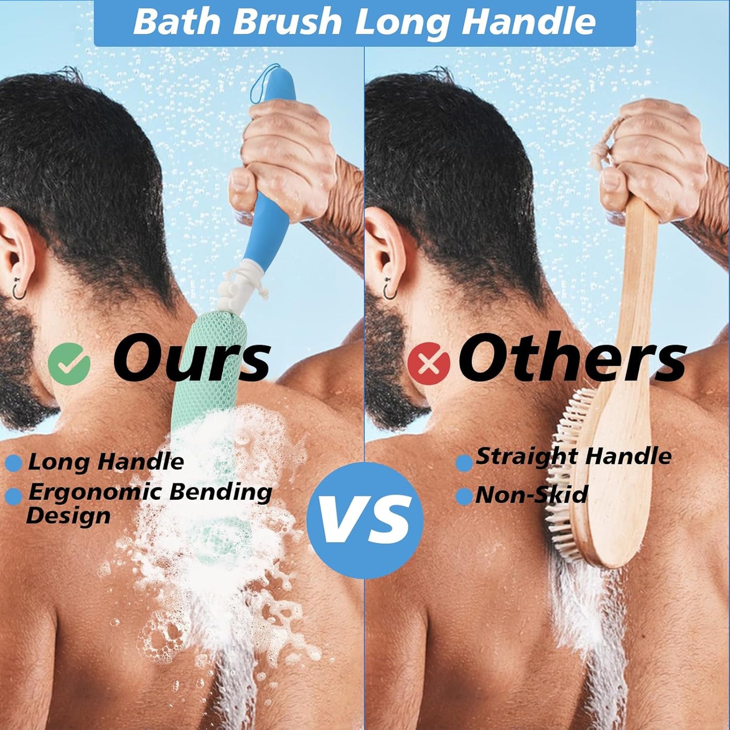 15.35" Back Bath Brush with Sponge,Back Scrubber Bath Mesh with Anti-Slip Curved Long Handle Bath Body Brush for Elderly Aid Bathing and Shower