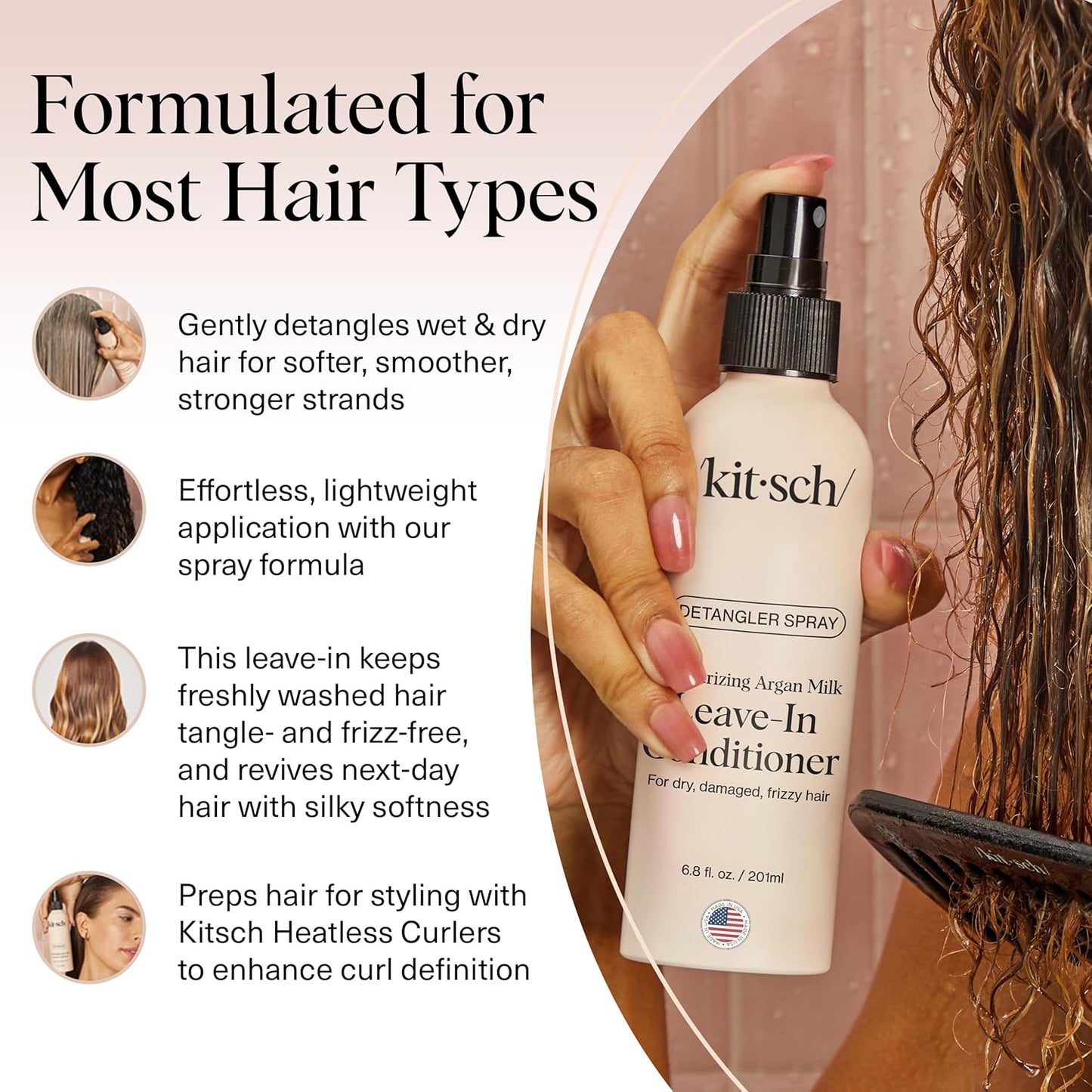 Kitsch Argan Milk Leave In Conditioner Spray – Hair Detangler Spray for Curly, Wavy, Fine, Dry & Damaged Hair - Silicone-Free | Ideal Gifts for Women - 6.8oz
