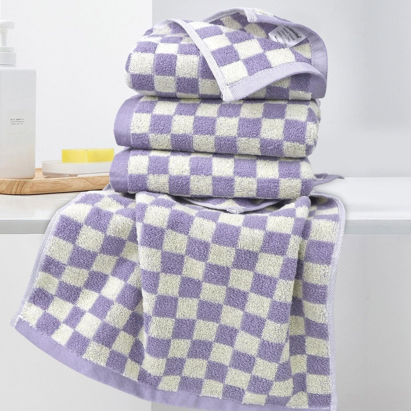 Hand Towel for Bathroom Guest Room Home - 100% Cotton Face Towel Set Lilac Checkered, Extra Soft, Absorbent 4-Piece for Daily Use