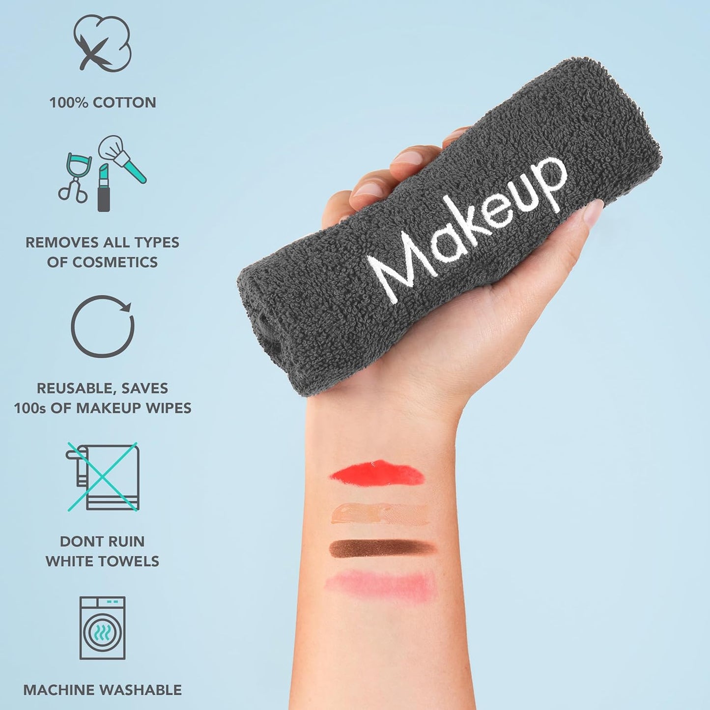 Arkwright Makeup Towels - Bulk Case of 144 - Soft & Gentle Cotton Washcloth Face Make Up Remover, Reusuable Eraser Cloth Essentials for Hosts & Artists, 13 x 13 in, Grey