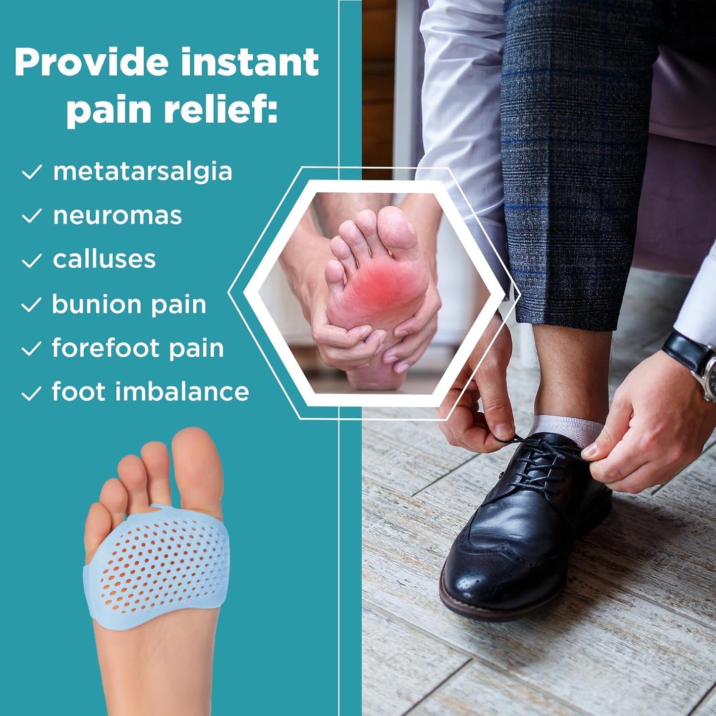 Homergy Metatarsal Foot Pads - Soft Gel Ball of Foot Cushions for Pain Relief, Ultra-Thin Sleeve Design, Stays in Place, Breathable & Reusable - Fits Heels, Flats, Sneakers (4 Pads / 2 Pairs)