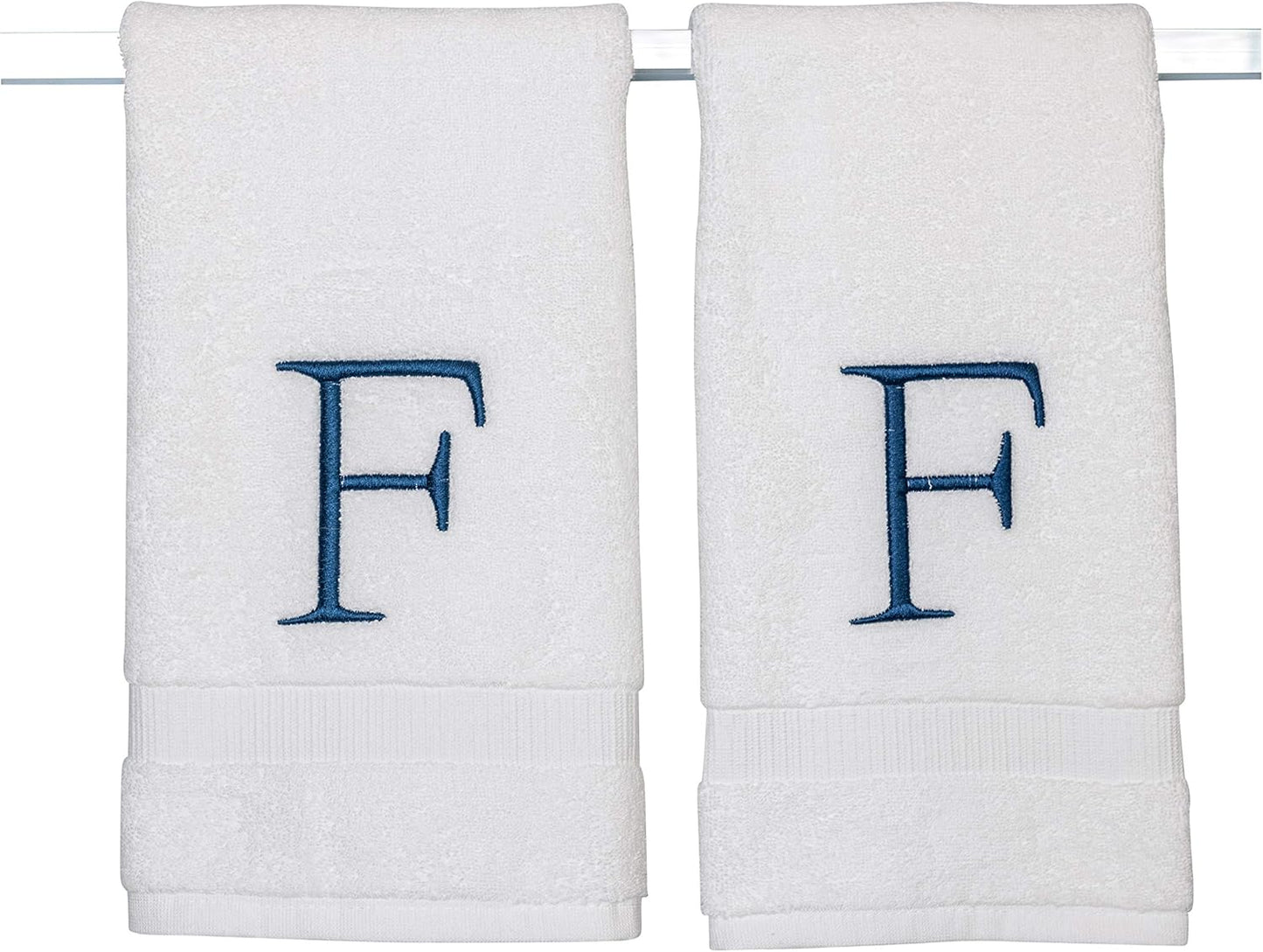 Monogrammed Hand Towels for Bathroom - Luxury Hotel Quality Personalized Initial Decorative Embroidered Bath Towel for Powder Room, Spa - GOTS Organic Certified - Set of 2 Navy Letter F