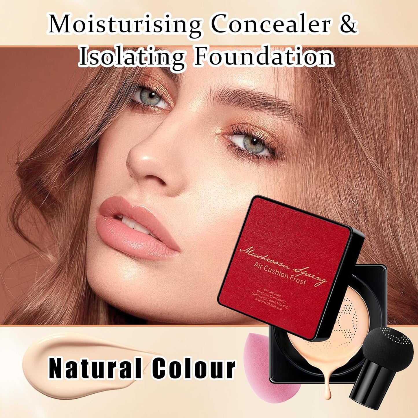 2Pcs Mushroom Head Air Cushion CC Cream Foundation Makeup,Moisturizing BB Cream Face Makeup Liquid Foundation,Long Lasting Full Coverage Concealer for All Skin Types（Natural）D
