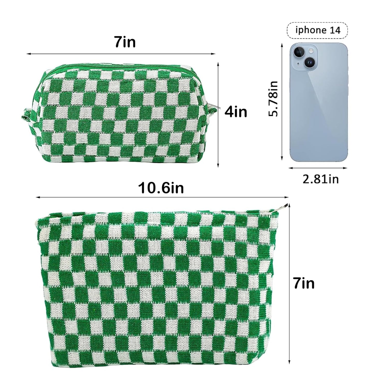 ZLFSRQ 2Pcs Checkered Makeup Bag for Women Large Small Checkered Cosmetic Bag Set Aesthetic Preppy Pencil Case Cute Pencil Pouch Green Makeup Pouch for Purse Travel Toiletry Bags Zipper Skincare Bags