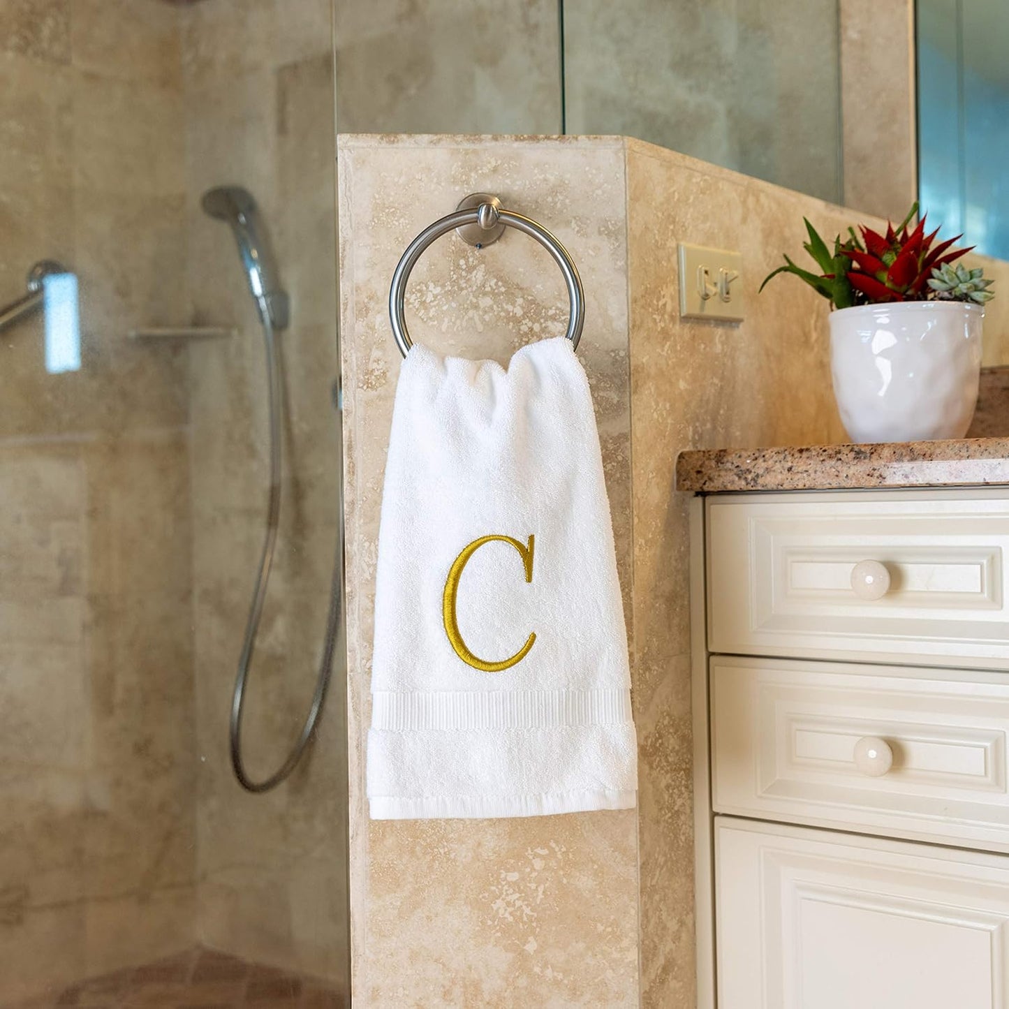 Monogrammed Hand Towels for Bathroom - Luxury Hotel Quality Personalized Initial Decorative Embroidered Bath Towel for Powder Room, Spa - GOTS Organic Certified - Set of 2 Gold Letter C