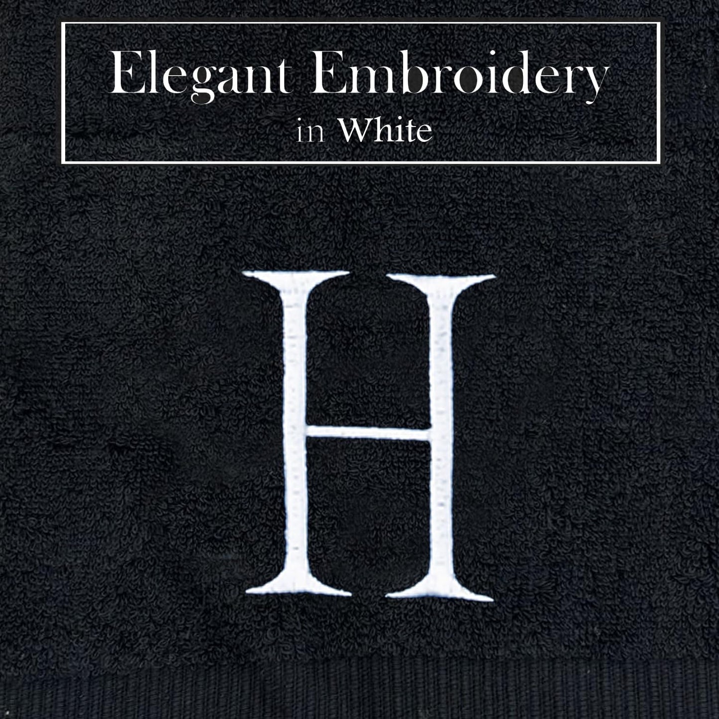 White and Black Monogrammed Hand Towel - Monogram Initial Hotel Quality Decorative Embroidered Luxury Towel for Powder Room, Spa - GOTS Organic Certified - Pack of 2, Letter H