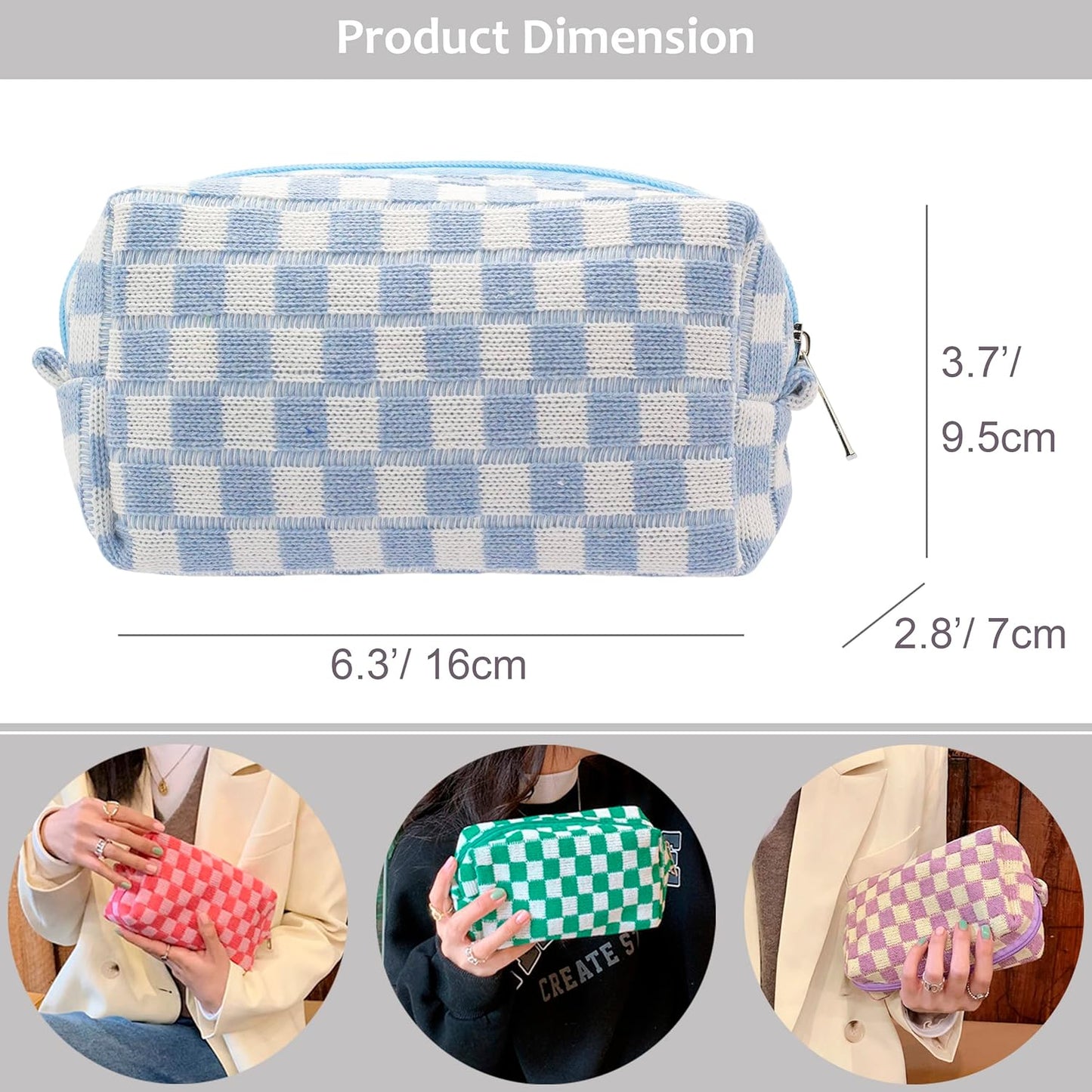 PAZIMIIK Checkered Makeup Bag for Purse Portable Zipper Make Up Pouch Small Cosmetic Case for Travel Accessories (6PCS Blue)
