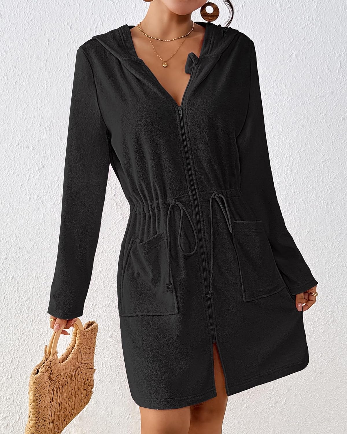 Bsubseach Terry Cloth Cover Up - Women Zip Up Long Sleeve Swimsuit Coverup Hooded Bath Robes with Pockets