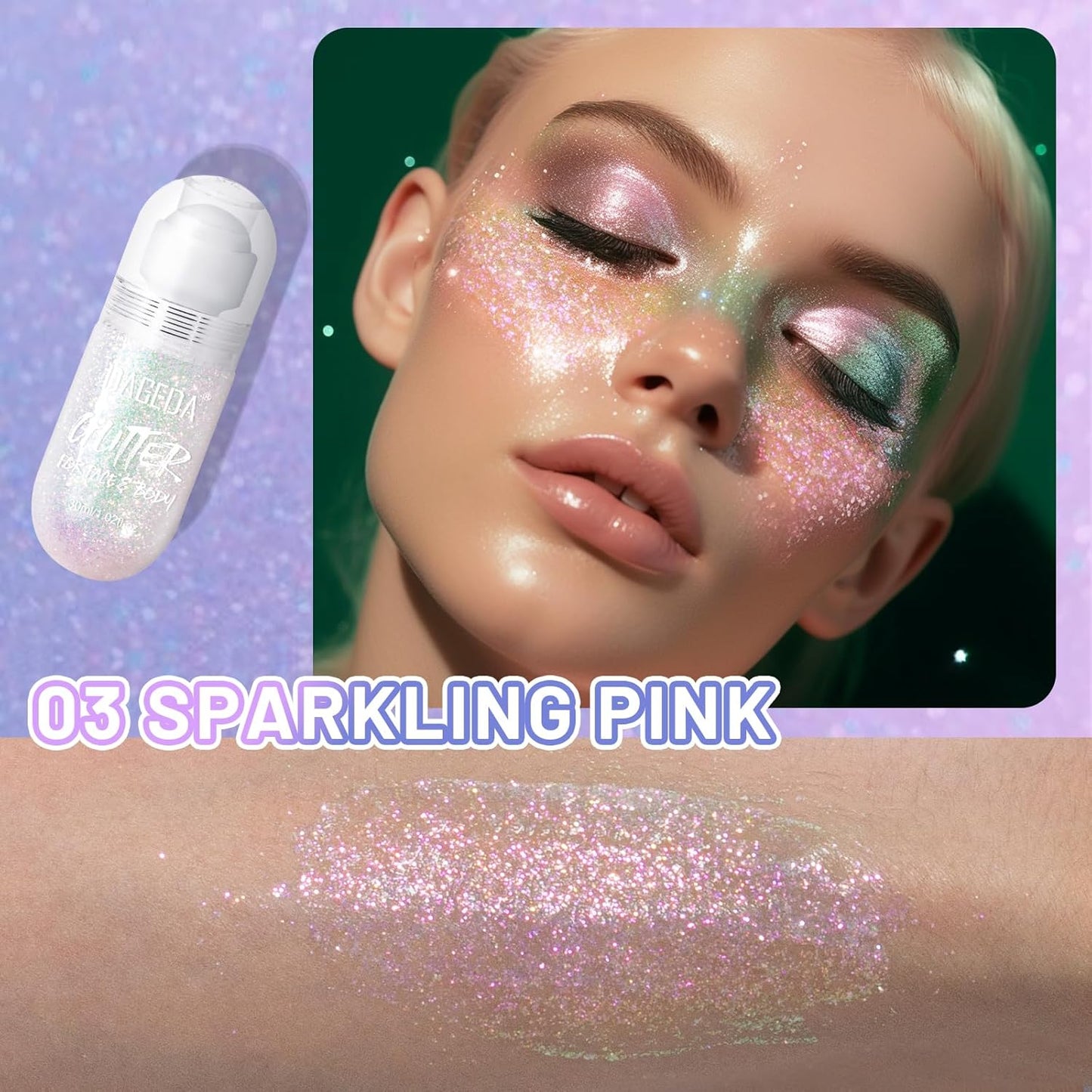DAGEDA Body Glitter Gel, Roll-on Face Glitter for Mermaid Makeup Festival Rave Accessories, Holographic Hair Glitter Gel,Body Shimmer Halloween Makeup for Rave Party (Sparkling Pink)