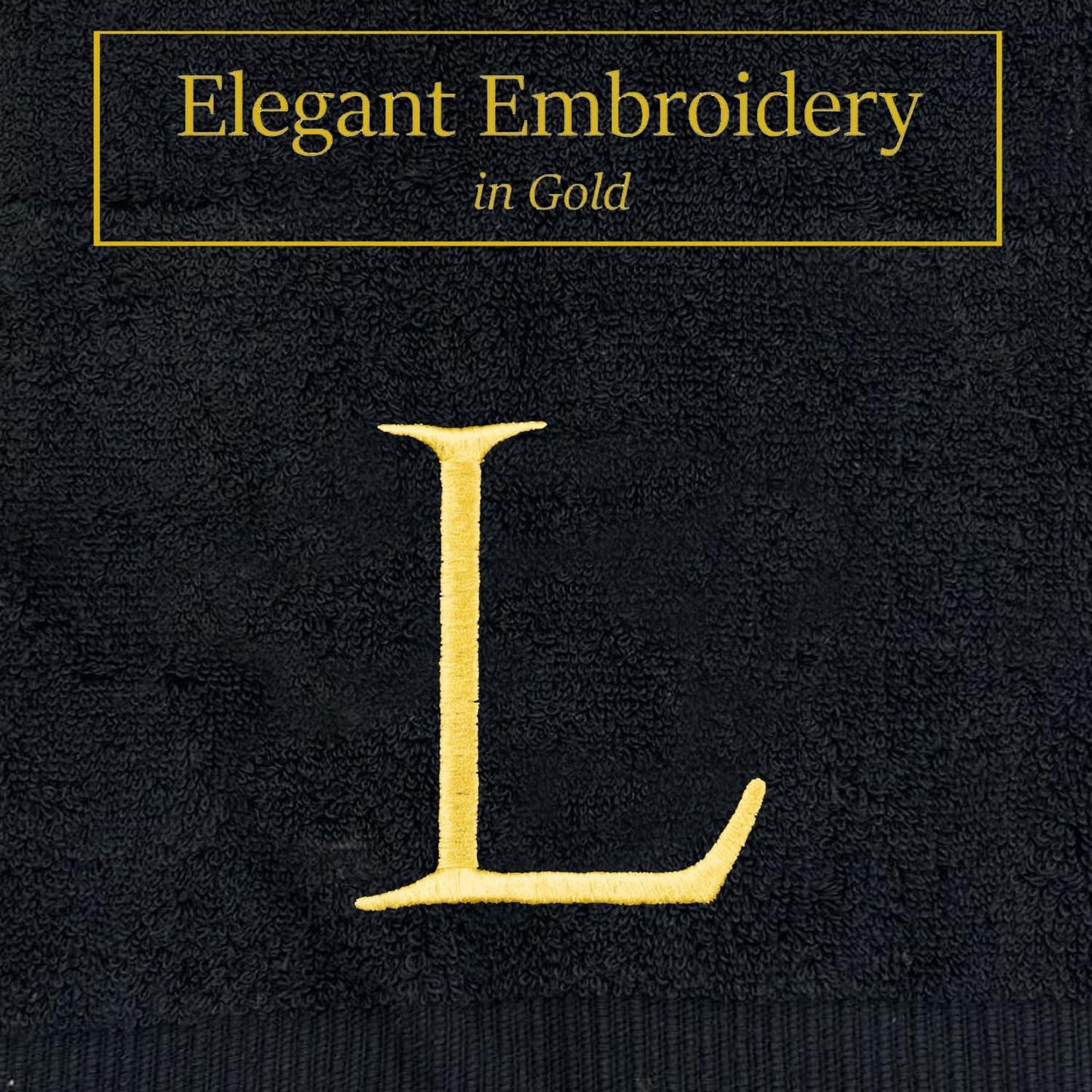 Black and Gold Bathroom Hand Towel - Monogrammed Luxury Hotel Quality Decorative Embroidered Towel for Powder Room, Spa - GOTS Organic Certified - Pack of 2, Letter L