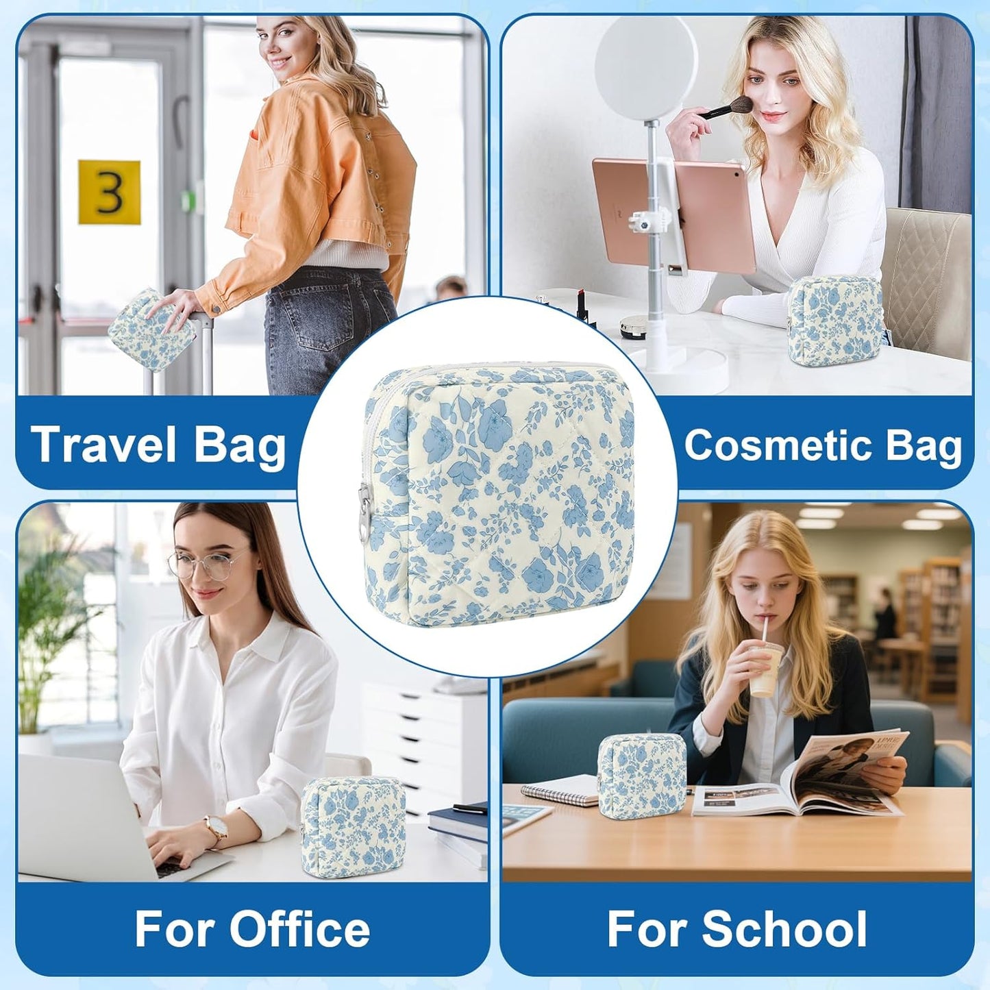 Small Quilted Cotton Makeup Bag for Purse Mini Cosmetic Period Bag for Women Cute Blue Flower Makeup Sanitary Pouch Portable Travel Toiletry Bags with Zipper Slip in Pockets Birthday Gifts