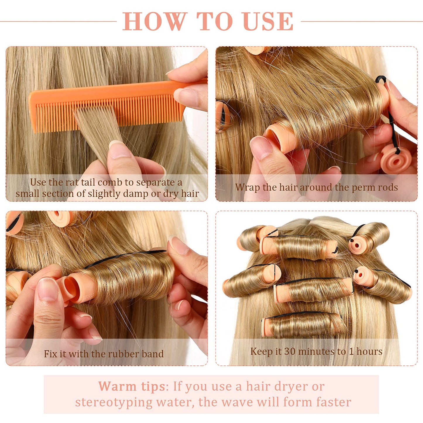 WILLBOND 36 Pieces Cold Wave Rod Hair Perm Rods Hair Rollers Perming Curlers with Steel Rat Tail Comb for Hairdressing Styling