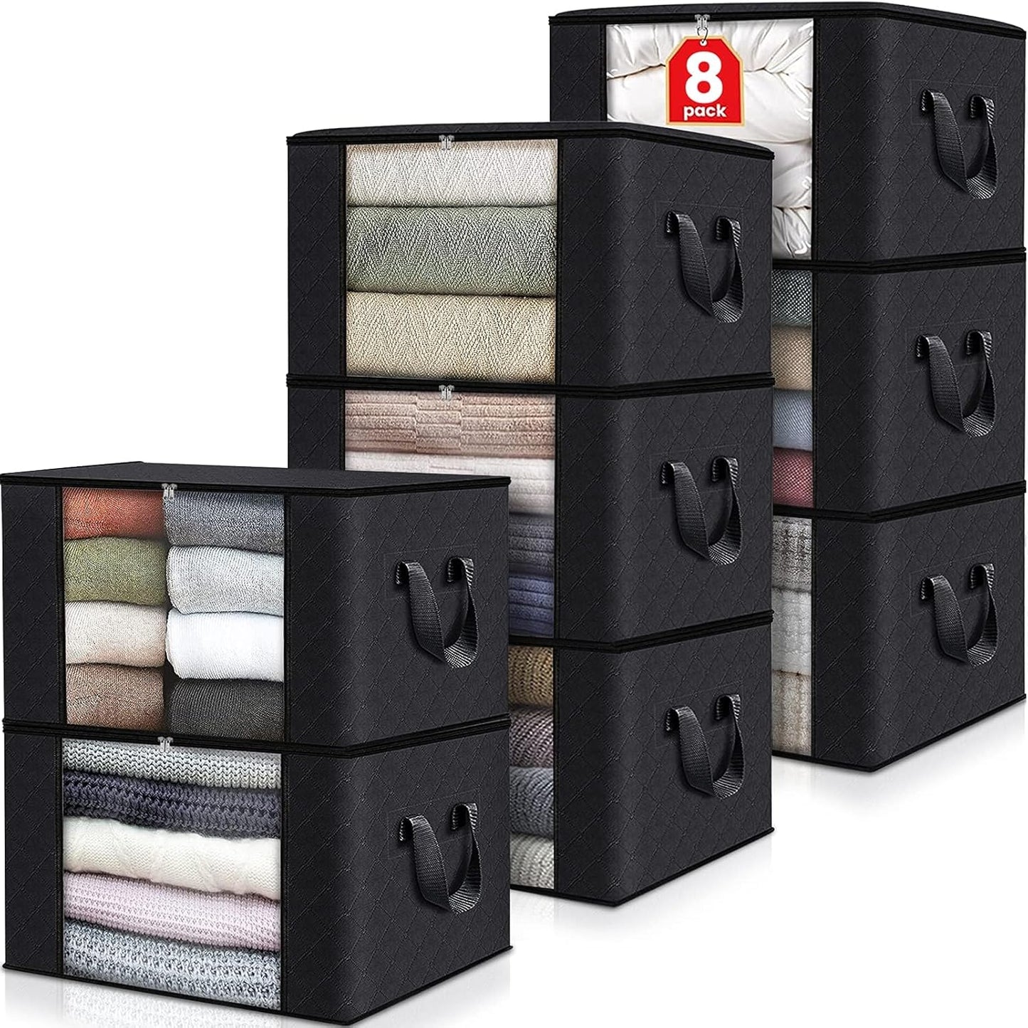 Fab totes 8 Pack Clothes Storage, Foldable Thick Fabric Blanket Storage Bags, Containers for Organizing Bedroom, Closet, Clothing, Comforter,Closet Organization with Handle,Black