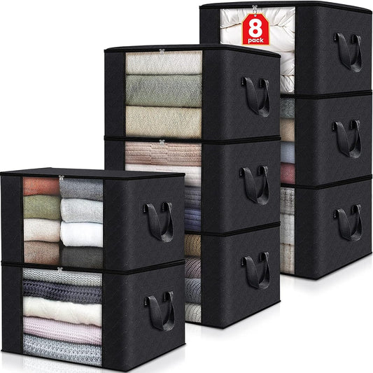 Fab totes 8 Pack Clothes Storage, Foldable Thick Fabric Blanket Storage Bags, Containers for Organizing Bedroom, Closet, Clothing, Comforter,Closet Organization with Handle,Black