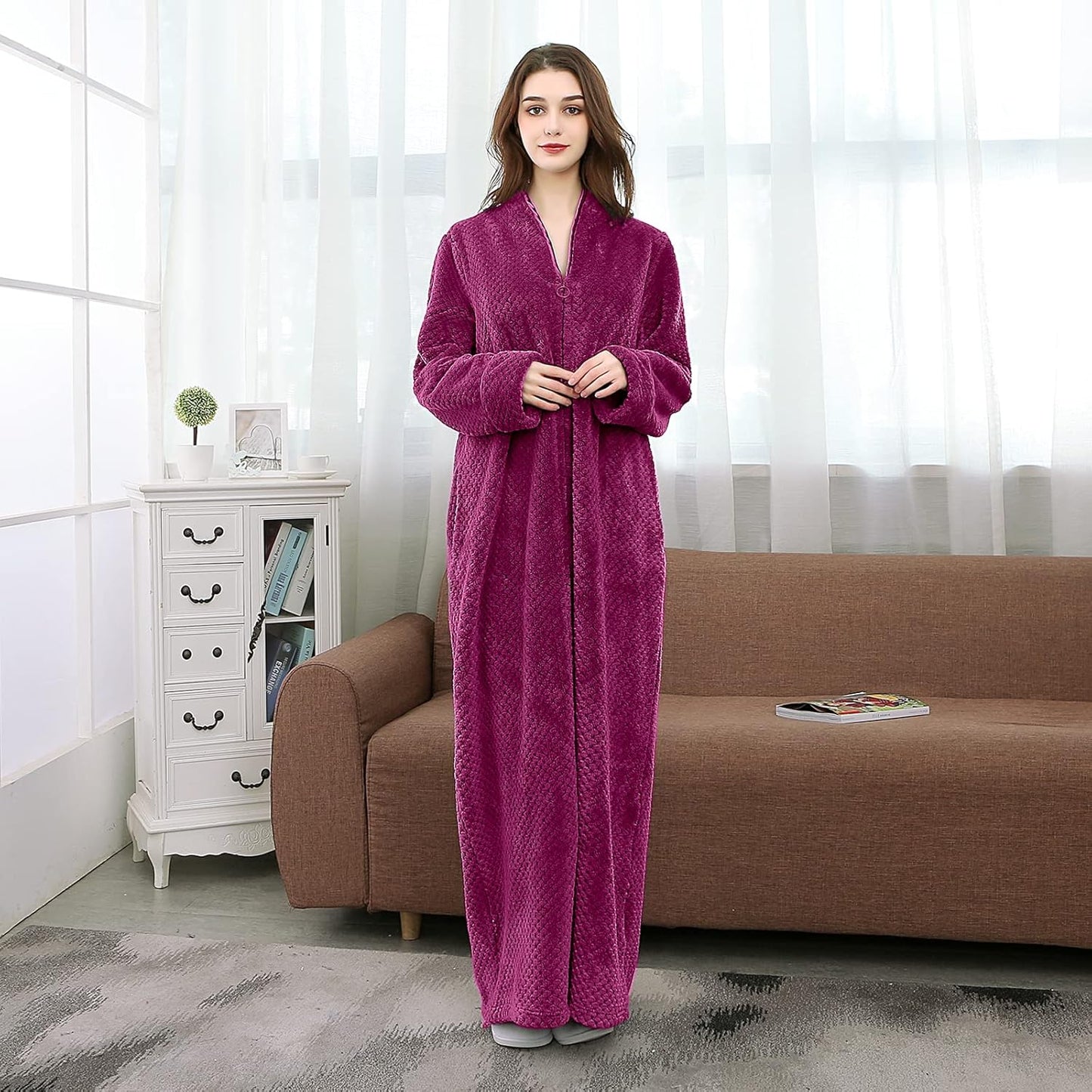 Artfasion Womens Fleece Robe Plush Long Zip Front Bathrobe with Pockets Warm Soft Zippered Bathrobes for Women