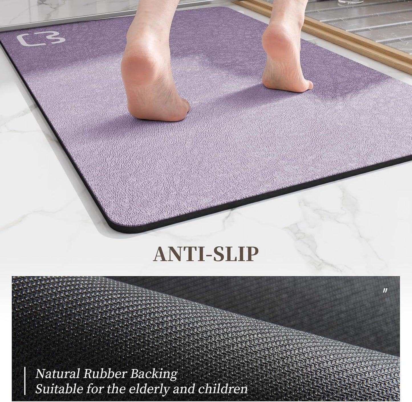 Diatomaceous Earth Bath Mat Rugs Quick Dry Super Absorbent Non Slip Rubber BottomThin Bathroom Mat Fit Under Door, Floor Rugs in Front of Bathtub,Shower Room,Sink,Washable, 17" x 32", Lavender