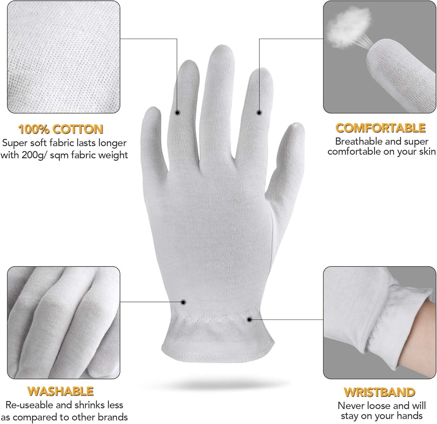 AKRILANE XL Extra Large 20 Pairs Cotton Moisturizing Gloves for Dry Hands | Eczema, Psoriasis & Skin Spa Treatment for Women & Men | Washable & Reusable with Free Laundry Bag