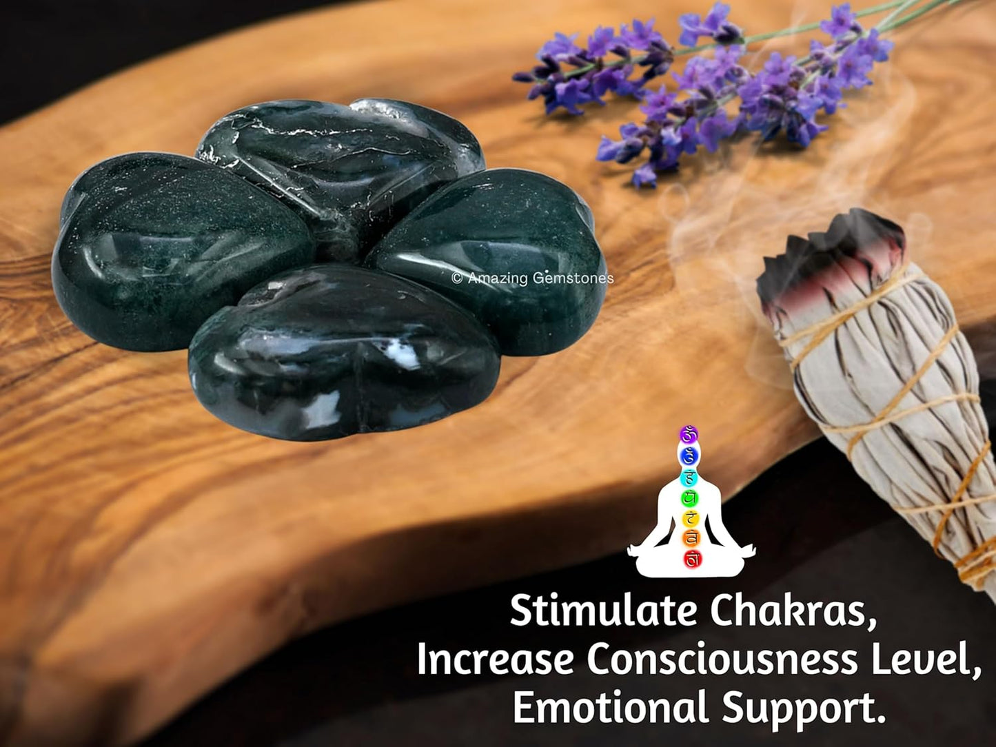 Moss Agate Crystal Heart Palm Stone - Pocket Massage Worry Stone for Natural Body Chakra Balancing, Reiki Healing and Crystal Grid