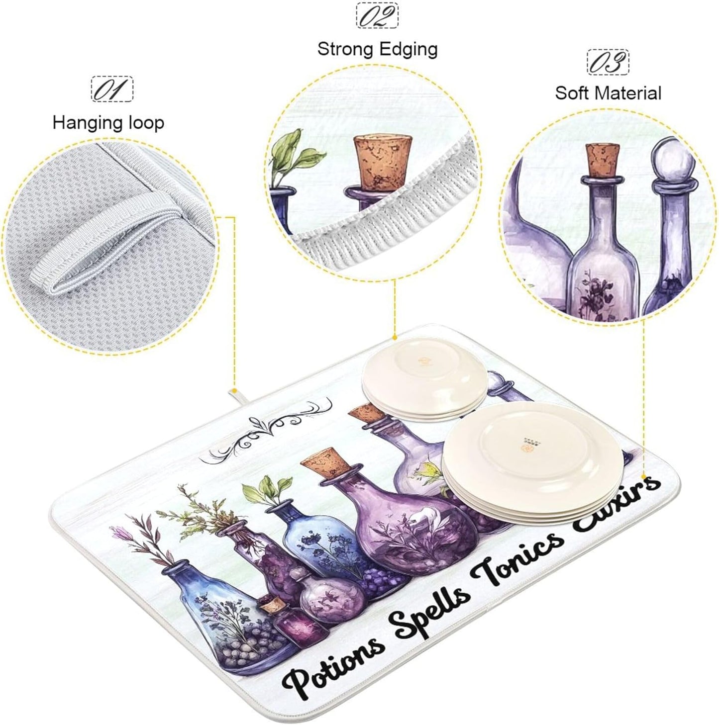 Halloween Potions Dish Drying Mat for Kitchen Countertop 16x18 Witch Herbs Purple Spooky Small Drying Mat Reusable Quick Dry Dish Sink Mats Easy Clean Decorative Essentials