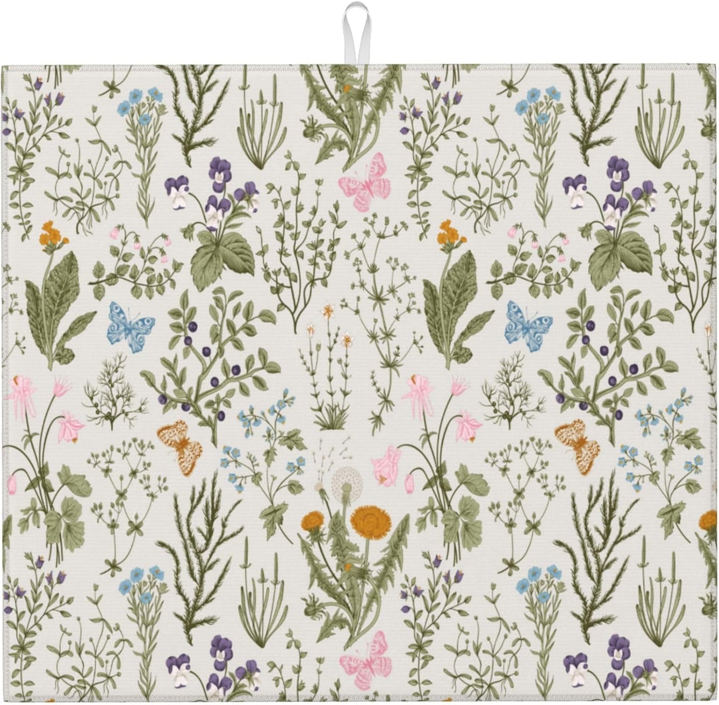 Vintage Floral Kitchen Drying Mat Herbs and Wild Flowers Microfiber Dish Drainer Mat for Kitchen Counter Cute Botanic Spring Summer Drying Pad Absorbent Reusable Washable 16x18 Inch