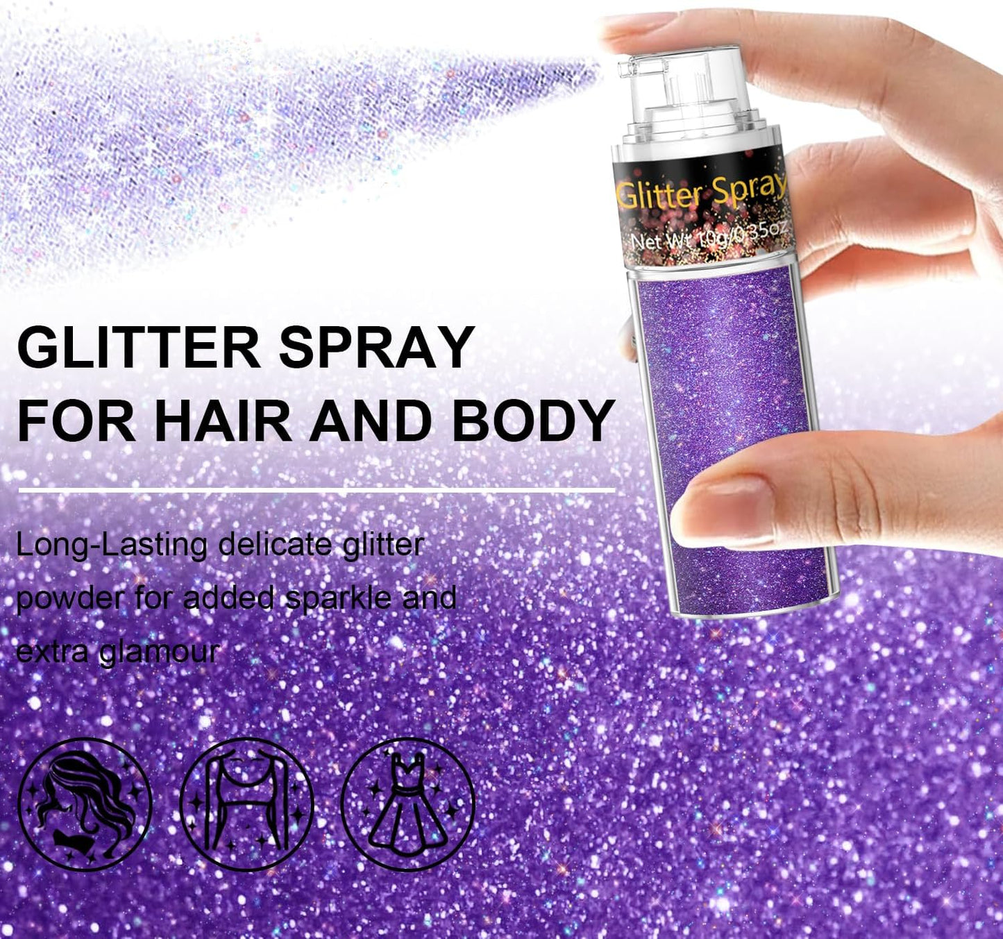 Hair and Body Glitter Spray, 1PC Purple Glitter Hairspray Dry Powder Makeup for Clothes, Festival Rave Prom Loose Sparkle Powder,Holographic Ultra Fine Resin Glitters for Crafts,10g (Purple)